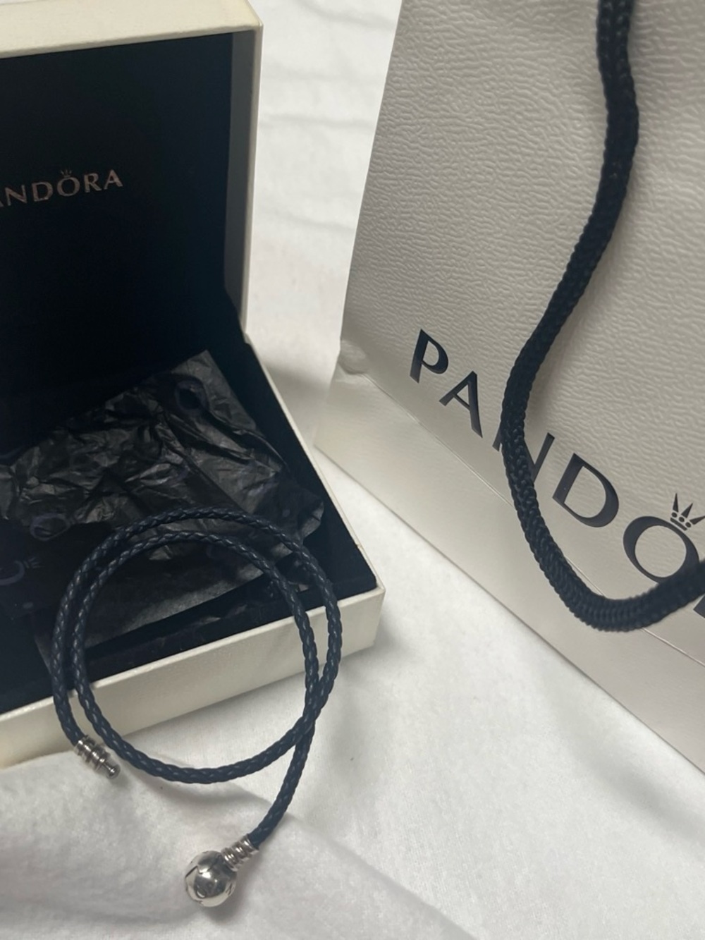 Pandora Black Braided Leather Double Wrap Bracelet with Silver Ball Clasp